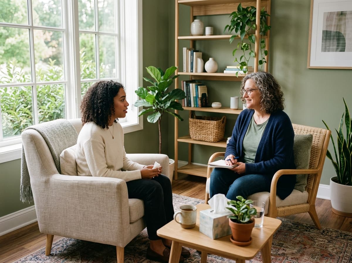 A licensed therapist in a compassionate, welcoming consultation with a client