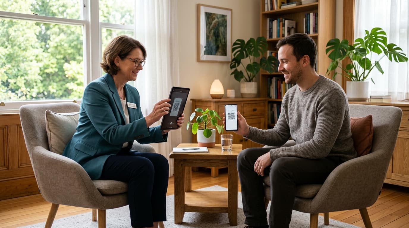 Doctor and patient reviewing clinical QR sync