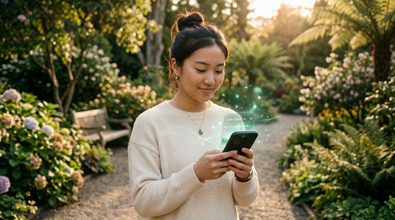 Acoustic Voice AI check-in in serene botanical setting