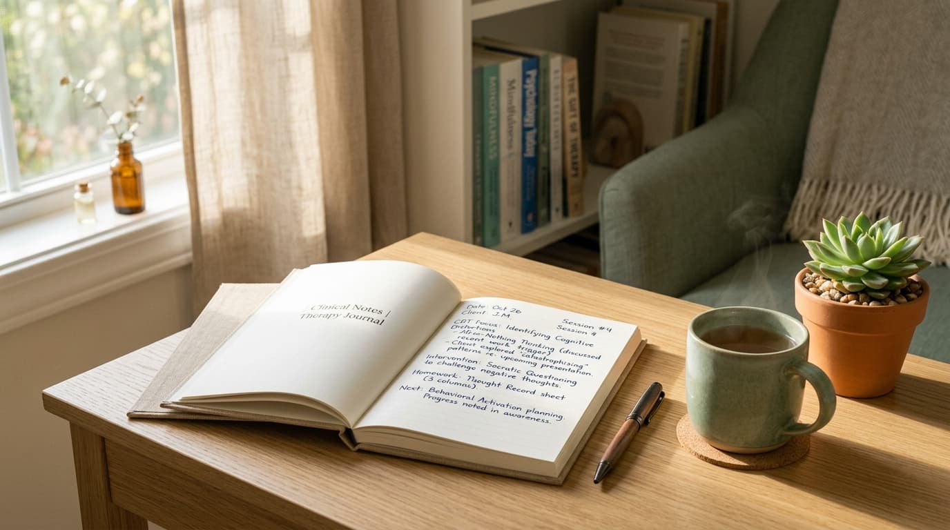 Therapy notes and CBT clinical guide with tea