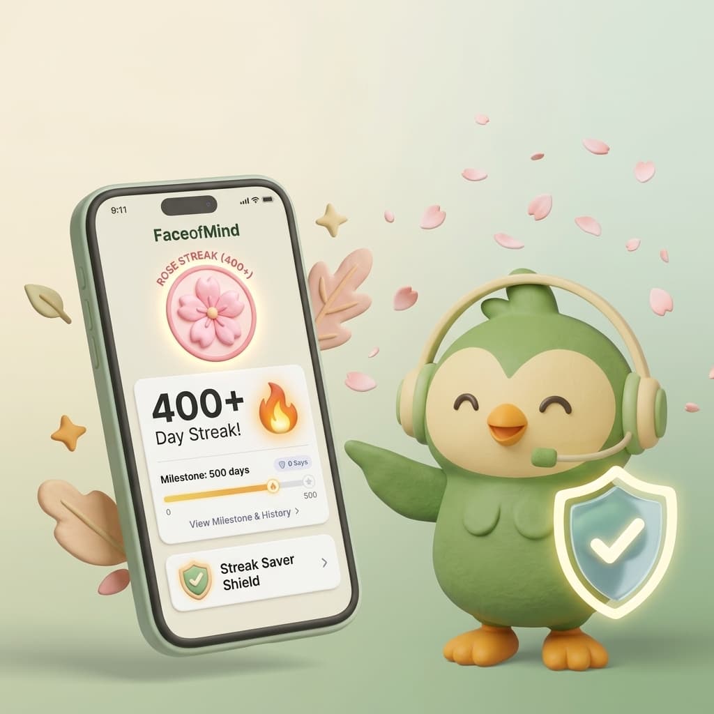 FaceofMind Rose Streak Society with Mindi Mascot and 400+ Day Gentle Habit Streak
