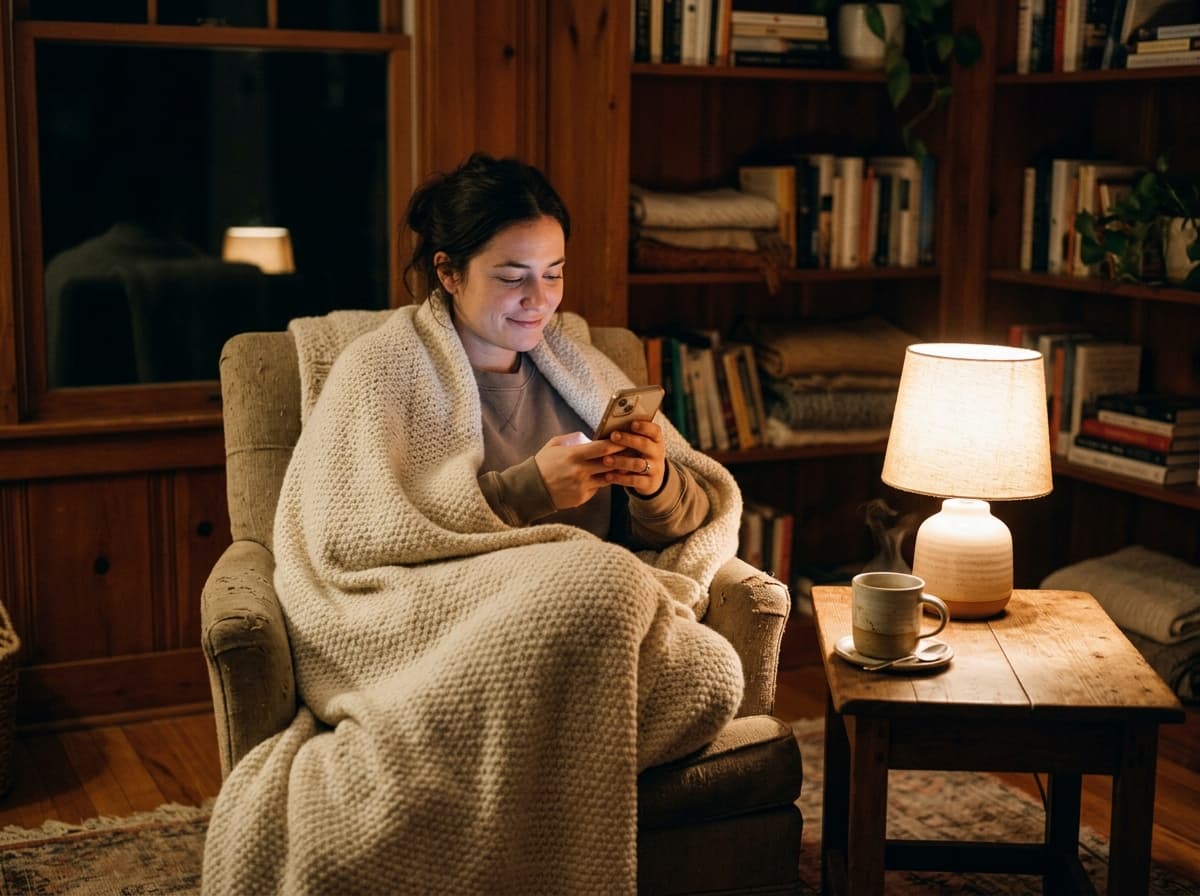 Comfortable nighttime reflection with phone in warm living room
