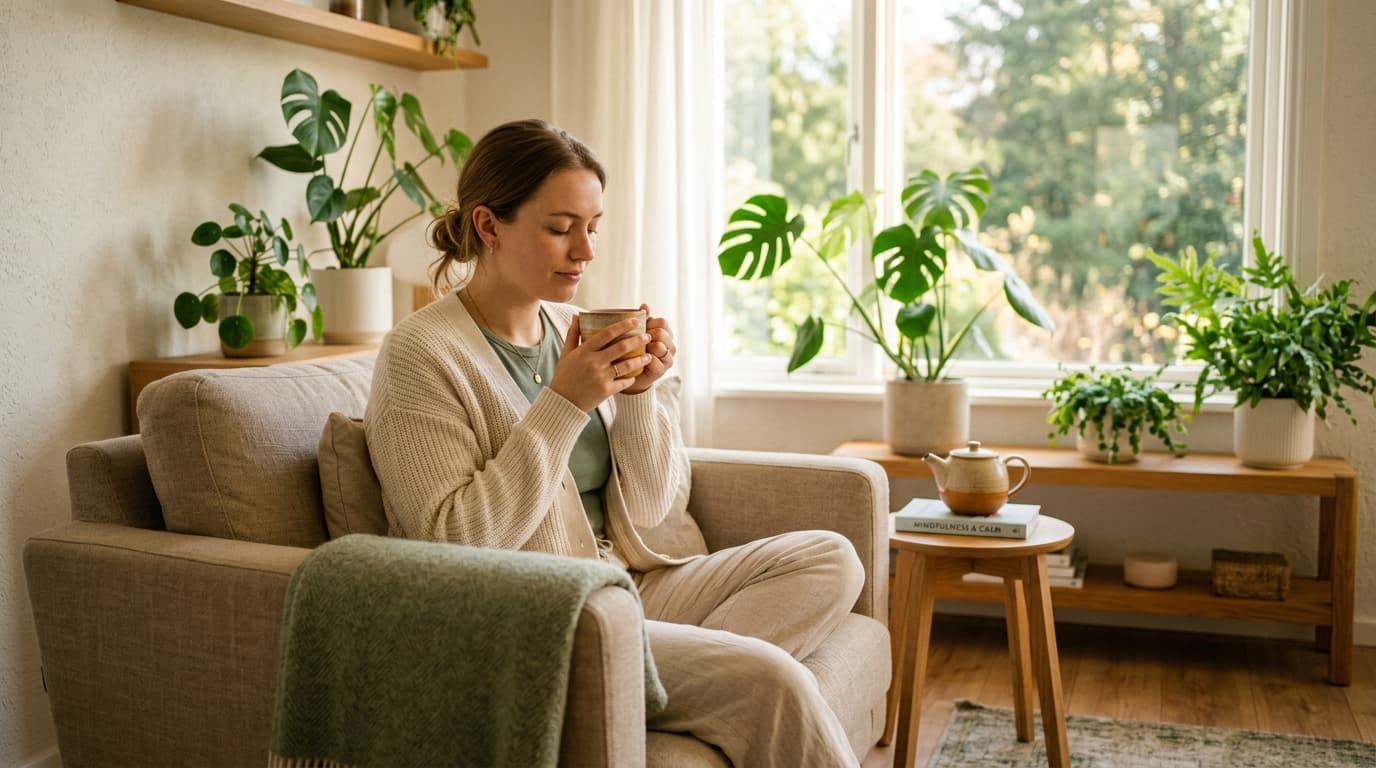 A calm, grounded person drinking tea in a sunlit room with plants