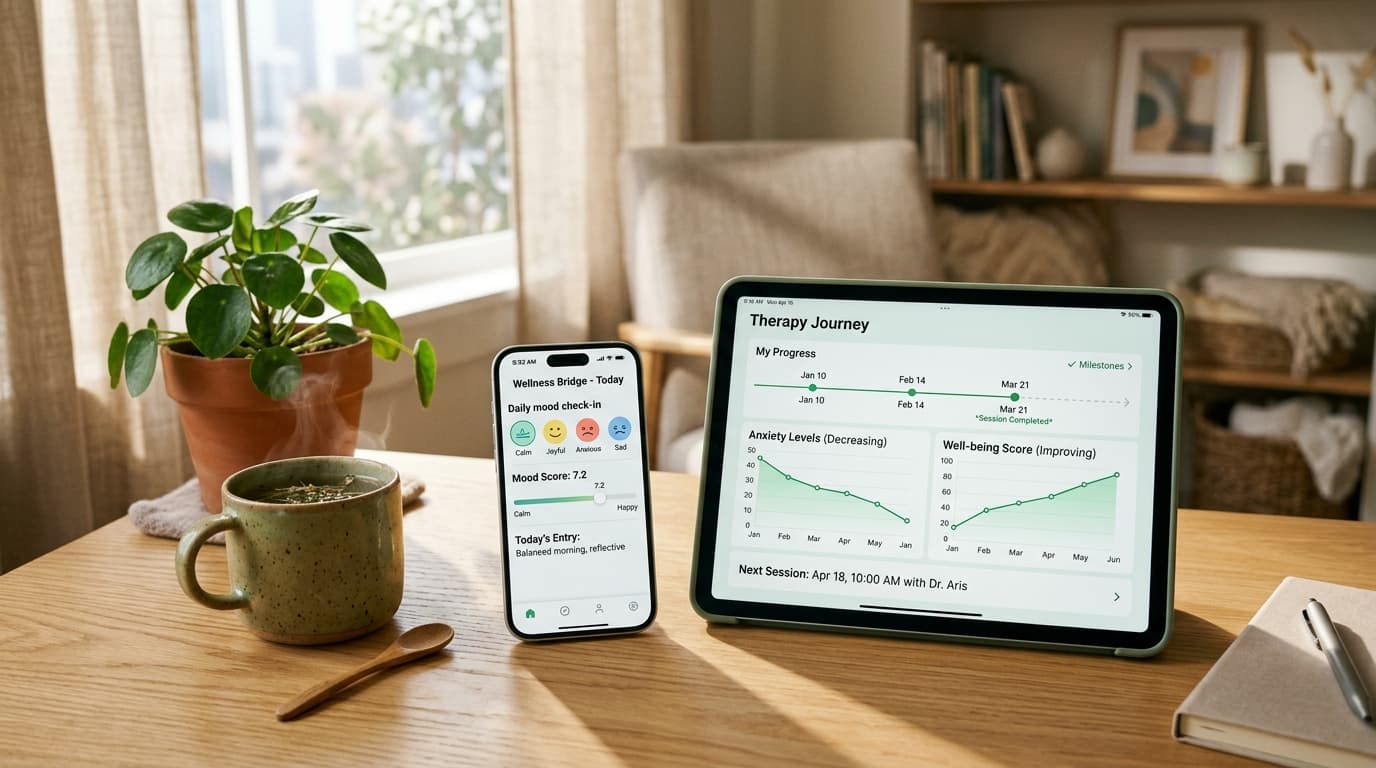 FaceofMind Care Bridge connecting mobile daily check-in to clinical therapy session